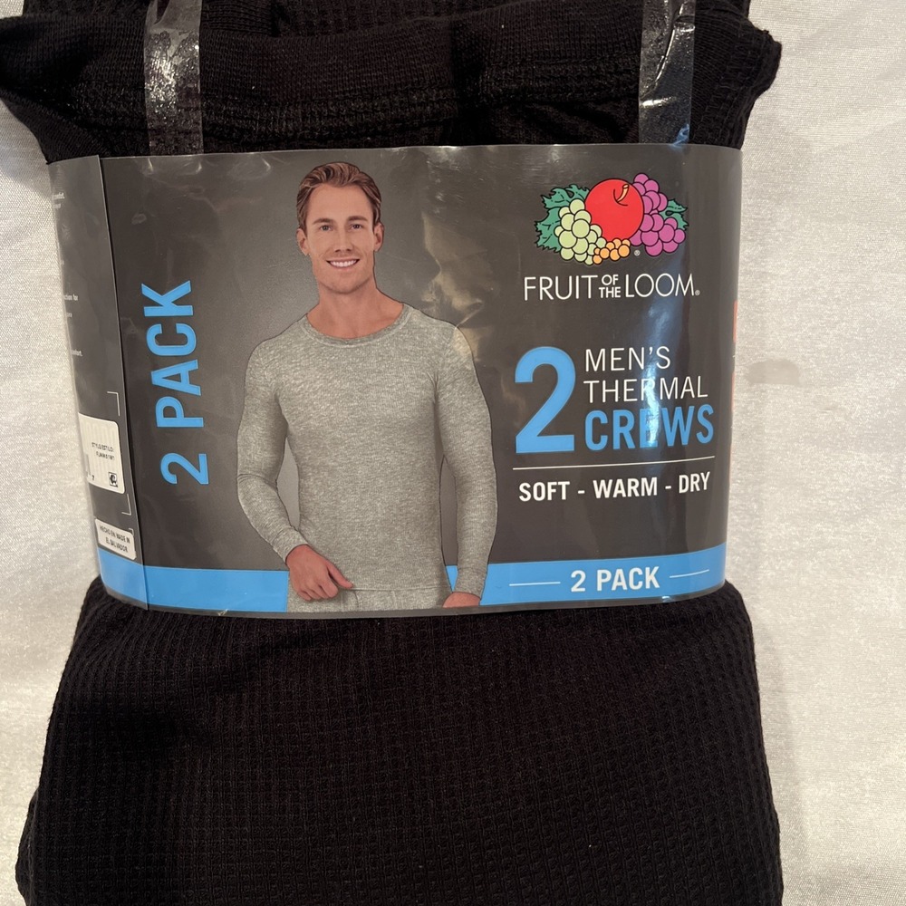 Fruit of the Loom Men's Black Thermal Waffle Shirt‎ Top 2pk Sizes M  Medium Soft